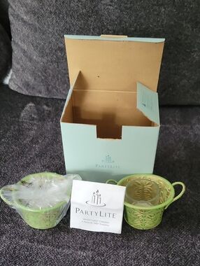 PartyLite Light Green Decorative Metal Lanterns Pair
